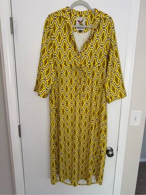 Lesley Evers Yellow Brown Geometric Tie-Front Midi Patterned Dress